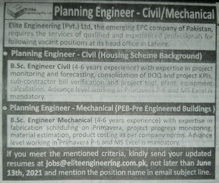 Civil Mechanical Jobs in Elite Engineering