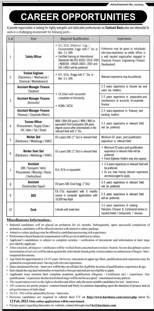 DAE Electronics/Metallurgy/HVAC And Civil Required For Skilled Workforce In Private Organization