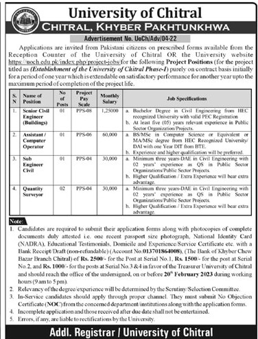 DAE Civil Job as Sub Engineer / Quantity Surveyor in University of Chitral