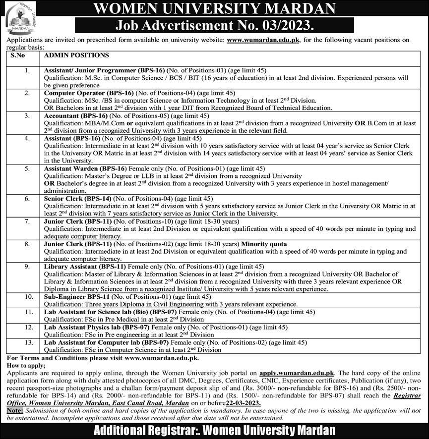 DAE Civil Job in Women University Mardan as Sub-Engineer BPS-11