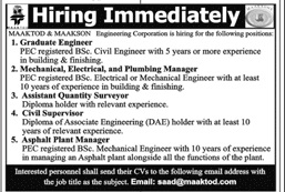 DAE Civil Job as Civil Supervisor in Maaktod and Maakson Engineering Corporation