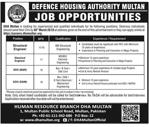 DAE Mechanical/Electrical/Civil Job In Defense Housing Authority Multan