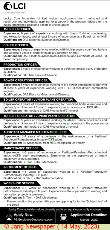 DAE Mechanical, Electrical and Chemical Jobs in Lucky Core Industries (LCI's)